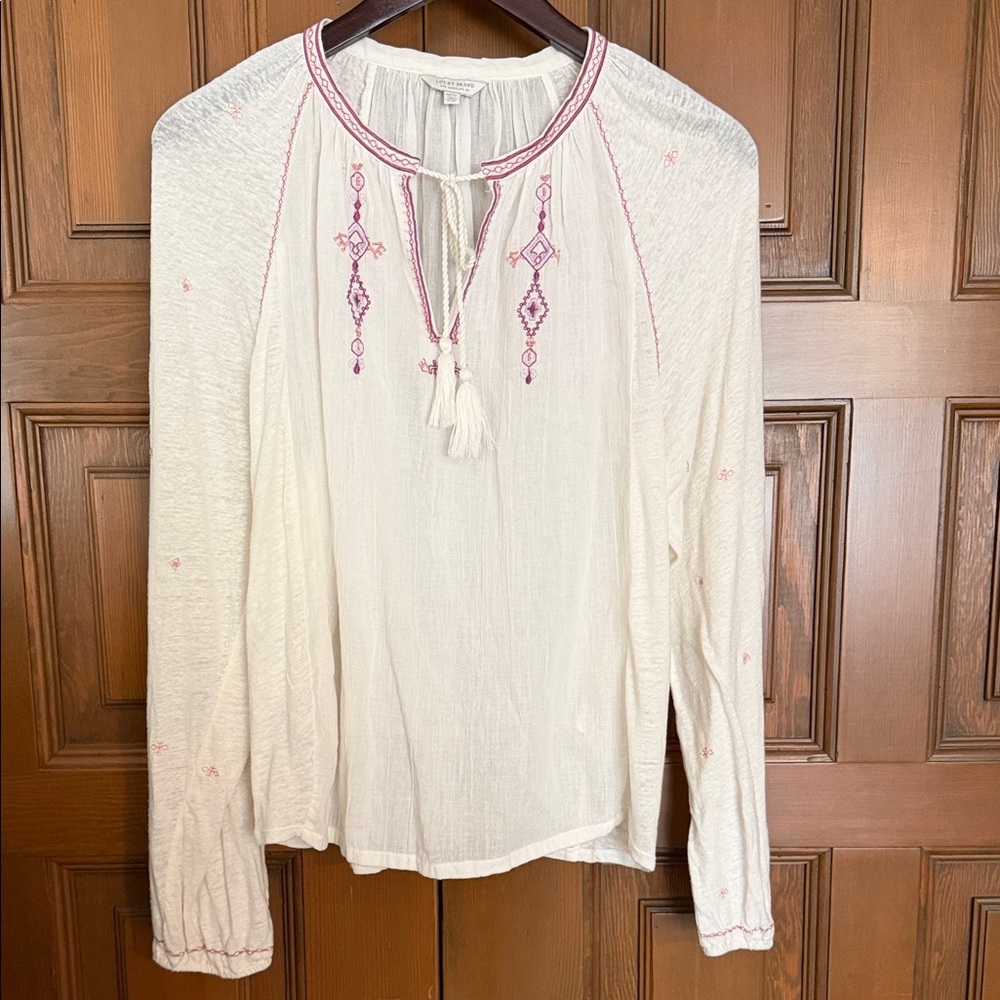 Lucky Brand Ivory Peasant Top with Pink Embroidery